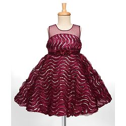 Babyhug Woven Sleeveless Party Dress With Sequin Detailing & Floral Corsage - Wine