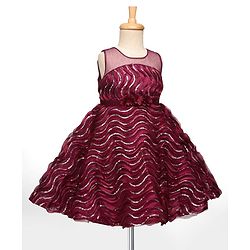 Babyhug Woven Sleeveless Party Dress With Sequin Detailing & Floral Corsage - Wine