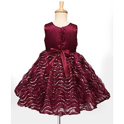 Babyhug Woven Sleeveless Party Dress With Sequin Detailing & Floral Corsage - Wine