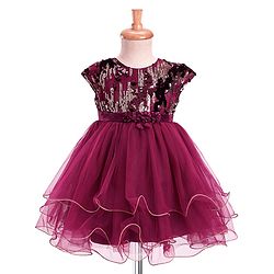Babyhug Woven Cap Sleeveless Fit & Flare Party Frock with Sequin Detailing - Wine