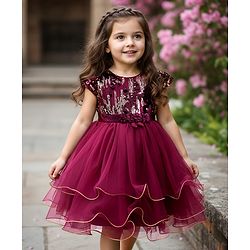 Babyhug Woven Cap Sleeveless Fit & Flare Party Frock with Sequin Detailing - Wine