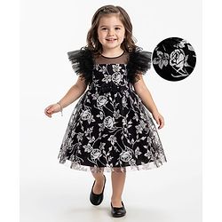 Babyhug Woven Frill Sleeves Party Dress With Floral Glitter Print - Black