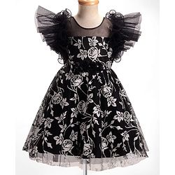 Babyhug Woven Frill Sleeves Party Dress With Floral Glitter Print - Black