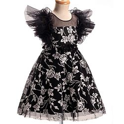 Babyhug Woven Frill Sleeves Party Dress With Floral Glitter Print - Black