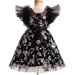 Babyhug Woven Frill Sleeves Party Dress With Floral Glitter Print - Black