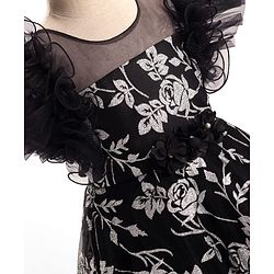 Babyhug Woven Frill Sleeves Party Dress With Floral Glitter Print - Black