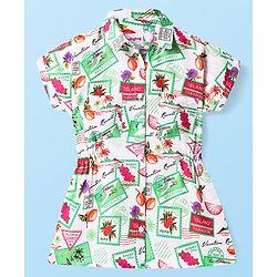Babyhug Rayon Woven Half Sleeves Collar Shirt Dress with Vacation Theme Print - White & Green