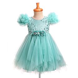 Babyhug Woven Sleeveless Mesh Party Dress With Sequinned Yoke & Ruffles on Sleeves - Sea Green
