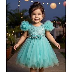 Babyhug Woven Sleeveless Mesh Party Dress With Sequinned Yoke & Ruffles on Sleeves - Sea Green