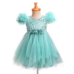 Babyhug Woven Sleeveless Mesh Party Dress With Sequinned Yoke & Ruffles on Sleeves - Sea Green