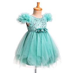 Babyhug Woven Sleeveless Mesh Party Dress With Sequinned Yoke & Ruffles on Sleeves - Sea Green