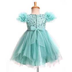 Babyhug Woven Sleeveless Mesh Party Dress With Sequinned Yoke & Ruffles on Sleeves - Sea Green