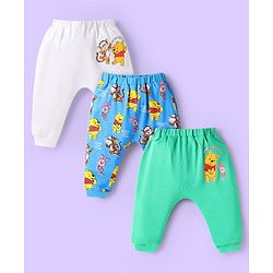 Babyhug Disney Interlock Knit Full Length Diaper Leggings With Winnie The Pooh Print Pack Of 3 - White Light Blue & Green