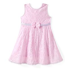 Babyhug Woven Sleeveless Frock with Floral Print & Lace Detailing & Bow Applique - Pink
