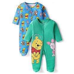 Babyhug Disney Interlock Knit Full Sleeves Footed Sleepsuits With Winnie The Pooh Graphics Pack Of 2 -  Blue & Green