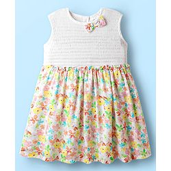 Babyhug Rayon Woven Sleeveless Smocked Frock with Floral Print & Bow Applique - White