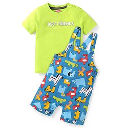 Babyhug Single Jersey Knit Half Sleeves T-Shirt & Dungaree with Text & Animal Print - Neon Green & Blue