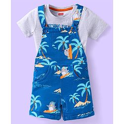 Babyhug Single Jersey Knit Half Sleeves T-Shirt & Dungaree with Beach Theme Print - Blue