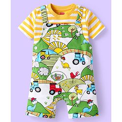 Babyhug Single Jersey Knit Dungaree & Half Sleeves Striped T-Shirt With Farm Print - Green & Yellow