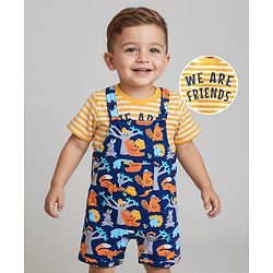 Babyhug Single Jersey Knit Half Sleeves Striped T-Shirt & Dungaree with Jungle Theme Print - Yellow & Navy Blue