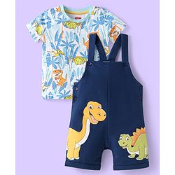 Babyhug Single Jersey Knit Half Sleeves T-Shirt & Dungaree with Dino Print - White & Navy Blue