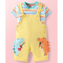 Babyhug Single Jersey Knit Half Sleeves Striped T-Shirt & Dungaree with Dino Print & Applique - Yellow