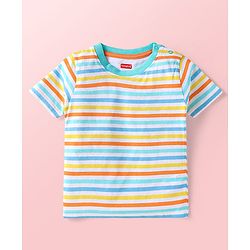 Babyhug Single Jersey Knit Half Sleeves Striped T-Shirt & Dungaree with Dino Print & Applique - Yellow