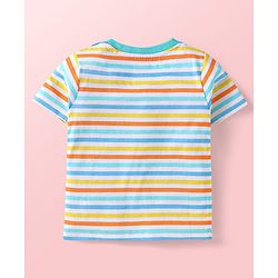 Babyhug Single Jersey Knit Half Sleeves Striped T-Shirt & Dungaree with Dino Print & Applique - Yellow