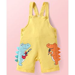 Babyhug Single Jersey Knit Half Sleeves Striped T-Shirt & Dungaree with Dino Print & Applique - Yellow