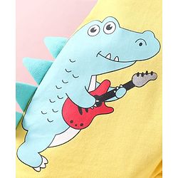 Babyhug Single Jersey Knit Half Sleeves Striped T-Shirt & Dungaree with Dino Print & Applique - Yellow
