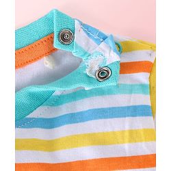 Babyhug Single Jersey Knit Half Sleeves Striped T-Shirt & Dungaree with Dino Print & Applique - Yellow