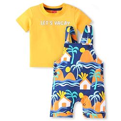 Babyhug Single Jersey Knit Half Sleeves T-Shirt & Dungaree with Beach Theme &  Lets Vacay Text Print - Yellow & Navy Blue