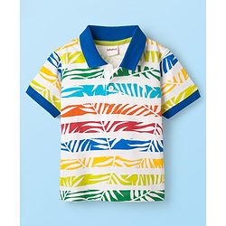 Babyhug Cotton Knit Half Sleeves Striped Polo T-Shirt with Leaves Print - Blue & White