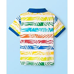 Babyhug Cotton Knit Half Sleeves Striped Polo T-Shirt with Leaves Print - Blue & White