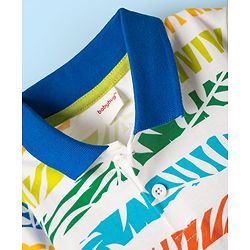 Babyhug Cotton Knit Half Sleeves Striped Polo T-Shirt with Leaves Print - Blue & White