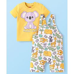 Babyhug Single Jersey Knit Dungaree & Half Sleeves T-Shirt With Animal Print - White & Yellow