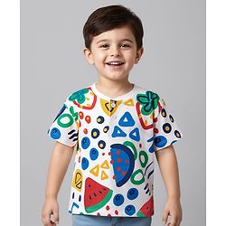 Babyhug Cotton Knit Half Sleeves Henley T-Shirt with Fruit Print - White