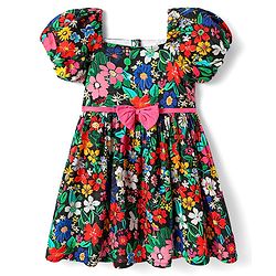 Babyhug Rayon Woven Half Raglan Puffed Sleeves Floral Printed Frock with Bow Applique - Black