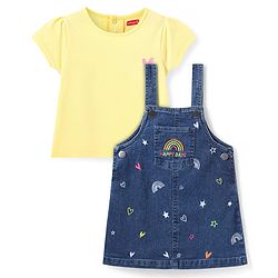 Babyhug Cotton Woven Frock & Half Sleeves Inner Tee With Heart & Star Embroidery - Navy Blue & Yellow