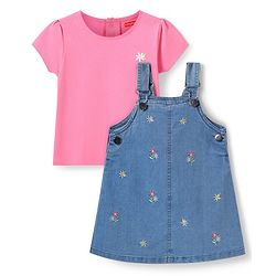 Babyhug Cotton Woven Frock & Half Sleeves Inner Tee With Floral Embroidery - Blue & Pink