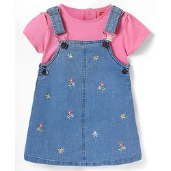 Babyhug Cotton Woven Frock & Half Sleeves Inner Tee With Floral Embroidery - Blue & Pink