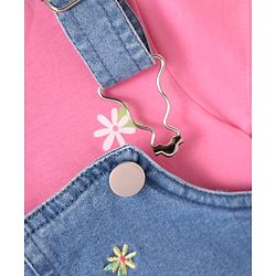 Babyhug Cotton Woven Frock & Half Sleeves Inner Tee With Floral Embroidery - Blue & Pink
