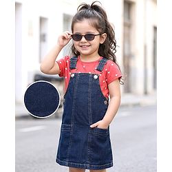 Babyhug Cotton Woven Frock & Half Sleeves Inner Tee With Heart Print - Navy Blue & Pink