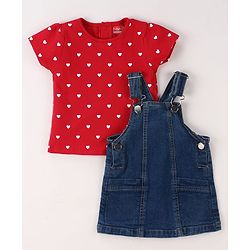 Babyhug Cotton Woven Frock & Half Sleeves Inner Tee With Heart Print - Navy Blue & Pink