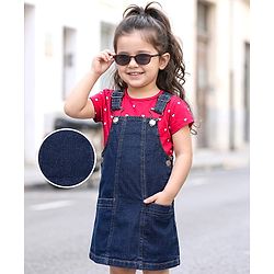 Babyhug Cotton Woven Frock & Half Sleeves Inner Tee With Heart Print - Navy Blue & Pink