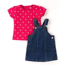Babyhug Cotton Woven Frock & Half Sleeves Inner Tee With Heart Print - Navy Blue & Pink