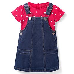 Babyhug Cotton Woven Frock & Half Sleeves Inner Tee With Heart Print - Navy Blue & Pink