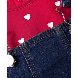 Babyhug Cotton Woven Frock & Half Sleeves Inner Tee With Heart Print - Navy Blue & Pink