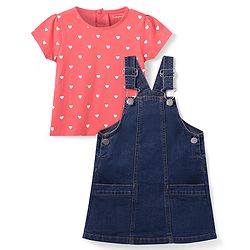 Babyhug Cotton Woven Frock & Half Sleeves Inner Tee With Heart Print - Navy Blue & Pink