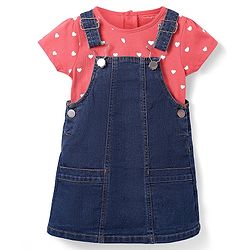Babyhug Cotton Woven Frock & Half Sleeves Inner Tee With Heart Print - Navy Blue & Pink
